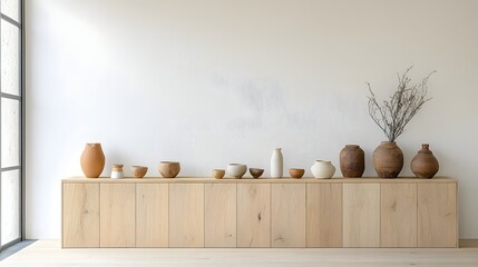 Aufkleber - Minimalist living room featuring a natural wood cabinet adorned with a simple collection of decorative items such as ceramic vases and pottery