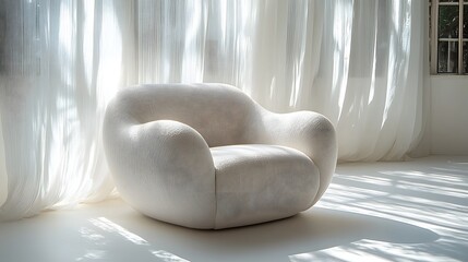 Poster - Minimalist sofa chair set against a white studio backdrop with natural sunlight streaming through and enhancing the clean contemporary aesthetic of the scene