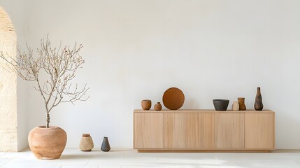 Aufkleber - Minimalist wood cabinet with simple decorative items like vases ceramics and a plant set against a clean white wall creating a modern serene living space with a natural cozy aesthetic
