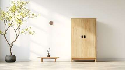 Aufkleber - Peaceful and Inviting Living Room Scene Featuring a Wooden Cabinet with Tasteful Decorative Accents and a Minimalist White Wall Background