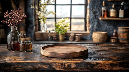 Fototapete - Rustic and Cozy Countryside Bar Background Featuring a Weathered Wooden Plate Placed on a Vintage Style Decor Filled Wooden Table Surrounded by Warm and Inviting Rustic Elements