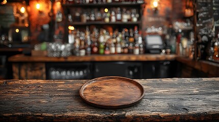 Poster - Rustic and Weathered Bar Table Background with a Wooden Plate in the Foreground Perfect for Creative Product Mockups Branding and Advertising Designs
