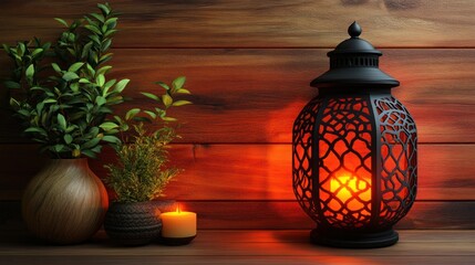 Sticker - Illuminated lantern with plants on wooden background.