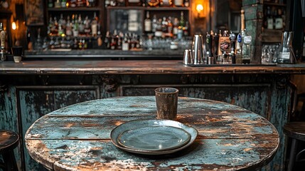 Fototapete - Rustic and weathered wooden bar counter background with a vintage wooden table and plate in the foreground creating a cozy and inviting display perfect for a rustic