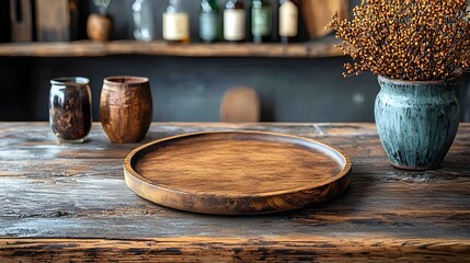 Fototapete - Rustic countryside bar background featuring a wooden plate on a weathered distressed wooden table surrounded by warm vintage decor elements like ceramic vases antique lighting and floral arrangements
