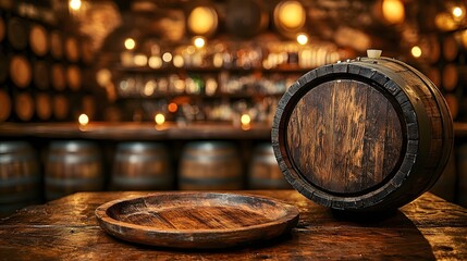 Fototapete - Rustic countryside bar interior with a wooden plate in the foreground complemented by stacked barrels and dimly lit ambiance creating a cozy and traditional atmosphere