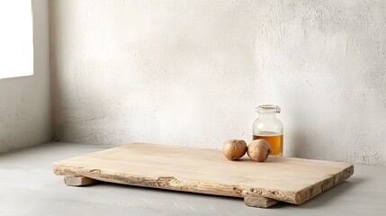 Poster - Rustic warm and simple wooden table board against a plain countryside bar background ready for display and product mockup purposes