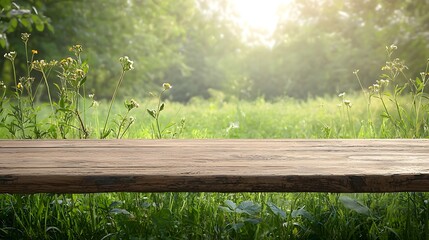 Aufkleber - Rustic weathered wooden table in the foreground of a scenic countryside bar background with lush green foliage and sunlight streaming through