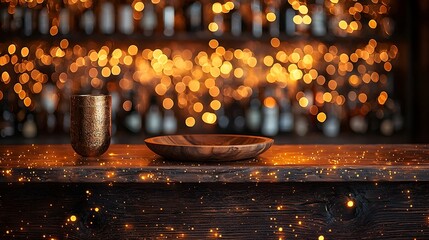 Fototapete - Rustic wooden bar with a plate and table in the foreground surrounded by a golden bokeh glow for a cozy and elegant ambiance  The warm festive lighting creates a luxurious