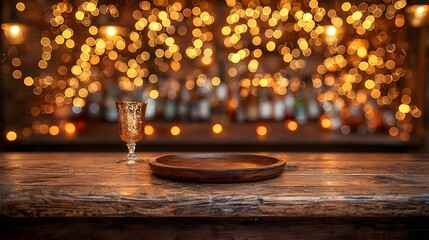 Poster - Rustic wooden bar table with a plate in the foreground surrounded by a warm golden bokeh glow that creates a cozy and elegant ambiance