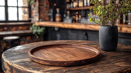 Fototapete - Rustic wooden plate and table in the foreground of a cozy countryside bar ideal setting for creating product mockups or capturing mouthwatering food photography