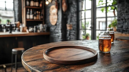 Fototapete - Rustic wooden plate and table in the foreground of a cozy countryside bar providing an ideal setting for creating product mockups or capturing food and beverage photography