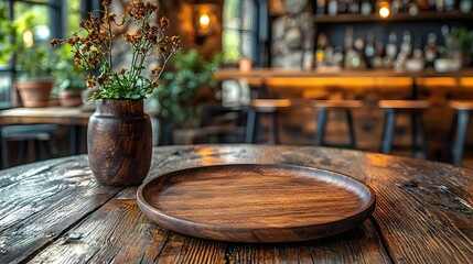Fototapete - Rustic wooden plate on a natural wood table in the foreground of a cozy countryside bar with warm lighting and a vintage homey atmosphere