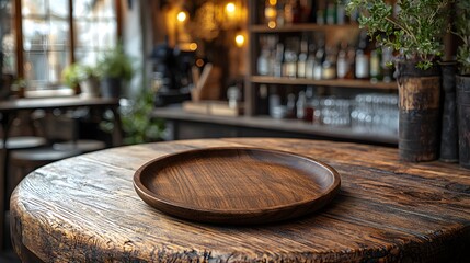 Fototapete - Rustic wooden plate displayed prominently on a natural wood table in the foreground of a cozy countryside bar or pub setting with warm lighting creating a welcoming ambiance