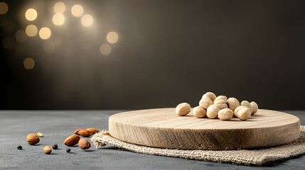 Leinwandbilder - Rustic wooden plate positioned on a surface with a glowing bokeh effect creating a natural and minimalist background ideal for product photography home decor and lifestyle compositions