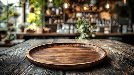 Fototapete - Rustic wooden plate placed on a textured vintage inspired table in a warm cozy countryside bar setting  The blurred background adds a sense of atmosphere and ambiance creating a homey