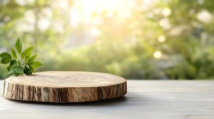 Aufkleber - Rustic wooden plate positioned on a table with a glowing bokeh effect in the background creating a natural and peaceful scene ideal for product photography and still life compositions