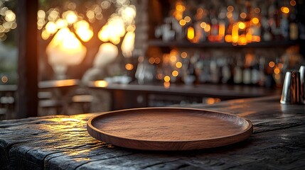 Fototapete - Rustic wooden plate resting on a textured table surface surrounded by a soft golden bokeh glow in a cozy countryside bar setting  The warm