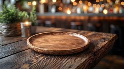 Fototapete - Rustic wooden plate set on a detailed weathered wooden table in the foreground of a cozy countryside bar or restaurant  Warm glowing bokeh lighting creates a inviting