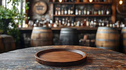 Fototapete - Rustic wooden plate set on a table in the foreground of a countryside bar featuring wooden barrels bottles and other vintage decor elements creating a cozy artisanal atmosphere