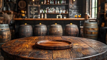 Fototapete - Rustic wooden plate set on a wooden counter in the foreground of a cozy countryside bar featuring vintage barrels decor and a rustic industrial ambiance