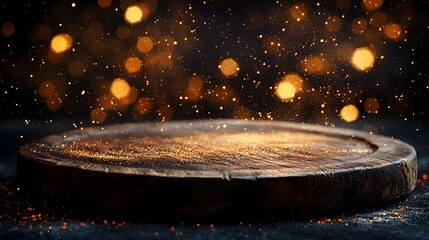 Fototapete - Rustic wooden plate with a natural finish and a cozy golden bokeh glow in the side background creating a warm enchanting and minimalist atmosphere