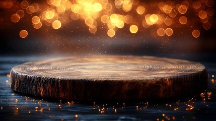 Aufkleber - Rustic wooden plate with a natural finish and a cozy golden bokeh glow creating a warm ambient background perfect for various premium imagery purposes