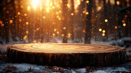 Aufkleber - Rustic wooden plate with a natural finish and complemented by a warm cozy golden bokeh glow as a side background template  This image can be used for various design decor