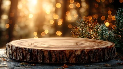 Aufkleber - Rustic wooden plate with a natural finish and a warm cozy golden bokeh glow in a natural setting creating a festive and elegant atmosphere for holiday or home decor