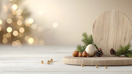 Aufkleber - Rustic wooden plate with detailed texture positioned against a background of soft golden bokeh lighting creating a warm and inviting photographic setting perfect for holiday winter