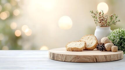 Fototapete - Rustic wooden plate with warm bokeh glow creating a cozy atmosphere for food photography and culinary content  The natural texture and lighting set the stage for showcasing homemade artisanal