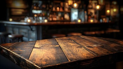 Fototapete - Rustic wooden table board in the foreground with a blurred cozy bar background featuring warm vintage lighting and decor elements