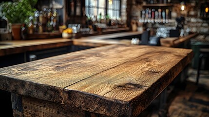 Poster - Rustic wooden table board with a natural finish and textured surface set against a cozy countryside bar background creating a warm and inviting atmosphere perfect for lifestyle home