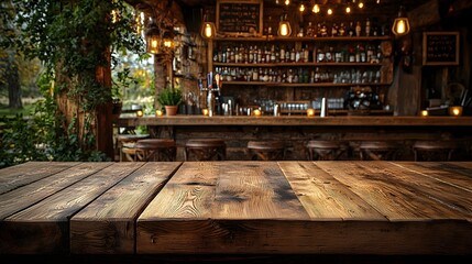 Fototapete - Rustic wooden table board with a natural finish in the foreground set against a cozy countryside bar background with a warm inviting ambiance