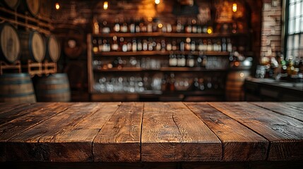 Fototapete - Rustic wooden table in the foreground of a cozy countryside bar with barrels and brick walls in the background creating a warm and inviting atmosphere