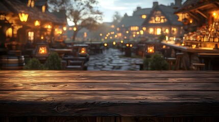 Fototapete - Rustic wooden table in the foreground of a cozy countryside bar scene with warm lighting and blurred elements of the rural background adding to the inviting peaceful ambiance