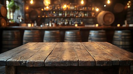 Fototapete - Rustic wooden table in the foreground of a cozy countryside bar showcasing a warm and inviting atmosphere with barrels soft lighting and a vintage traditional ambiance