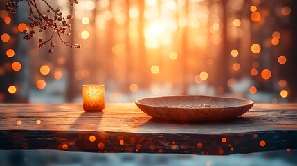 Fototapete - Rustic wooden table with a natural plate in the foreground surrounded by a soft and dreamy bokeh glow in a warm autumn inspired setting  The scene exudes a cozy peaceful and elegant atmosphere