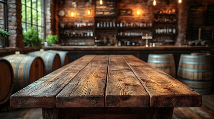 Fototapete - Rustic wooden table in the foreground of a cozy countryside bar with stacks of oak barrels and brick walls creating a warm inviting ambiance in the background