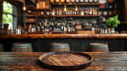 Poster - Rustic wooden table with a wooden plate set in the foreground of a cozy countryside bar featuring wooden barrels vintage decor and a warm inviting atmosphere