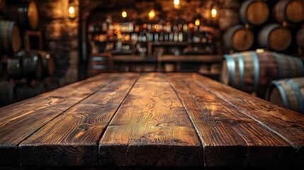 Fototapete - Rustic wooden table with visible grain texture set against a cozy countryside bar background featuring vintage barrels and dim ambient lighting creating a warm and intimate atmosphere for a tasting