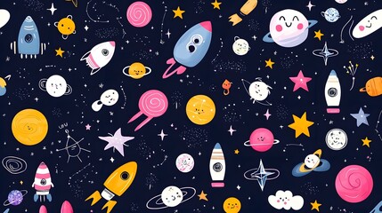 Poster - Seamless modern pattern highlighting swirling galaxies shining stars and vibrant cosmic elements in a dark pink and purple palette  Captivating abstract astronomical design perfect for wallpapers