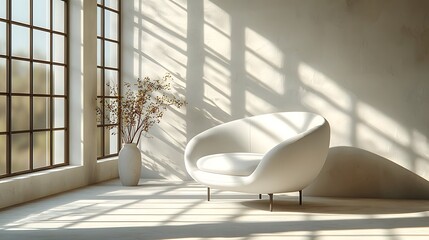 Poster - Serene and Peaceful Minimalist Studio Interior Design with a Stylish White Sofa Chair Bathed in Soft Natural Lighting and Elegant Shadows Perfect for Modern and Contemporary Decor