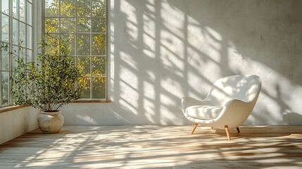 Poster - Serene and minimalist studio environment featuring a white sofa chair with natural light creating soft and elegant shadows perfect for modern and clean interior design