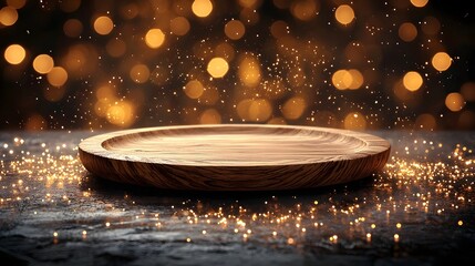 Poster - Serene natural wooden plate resting on a textured table surrounded by a glowing golden bokeh backdrop in a cozy rustic countryside bar setting