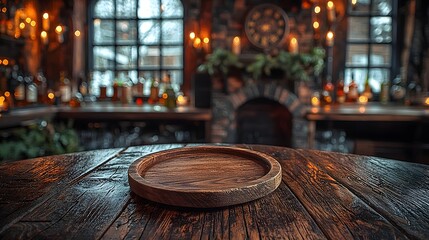 Fototapete - Vintage rustic bar setting with a wooden plate resting on a weathered wooden table in the foreground and a cozy atmosphere with a warm fireplace candles and elegant decor elements in the background