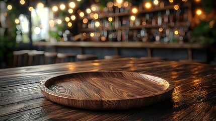 Fototapete - Warm and cozy countryside bar setting with a wooden plate and table in the foreground enhanced by soft blurred bokeh lights creating a rustic and inviting atmosphere