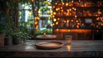 Poster - Warm and Cozy Countryside Tavern with Glowing Wooden Tableware and Soft Golden Bokeh Lighting Creating a Tranquil and Inviting Ambiance