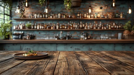 Fototapete - Warm and Cozy Rustic Bar or Restaurant Interior with Wooden Table Plate and Inviting Atmosphere