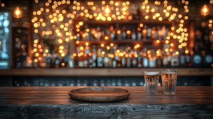 Fototapete - Warm and Cozy Rustic Bar with Wooden Plate and Table in the Foreground Surrounded by Glowing Bokeh Lights for a Relaxing and Inviting Atmosphere